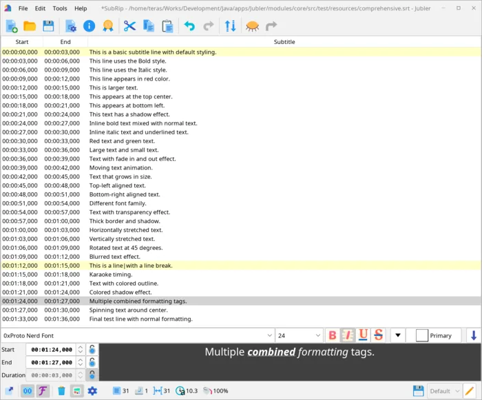 Subtitle table with styling and character-level formatting