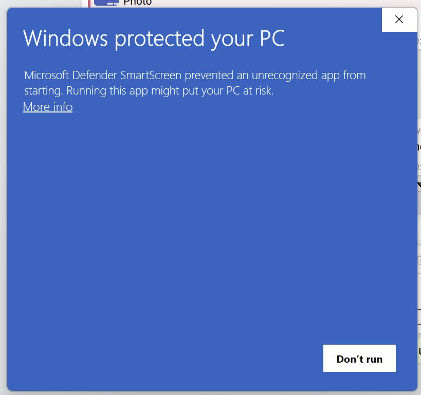 Windows SmartScreen warning when running installer